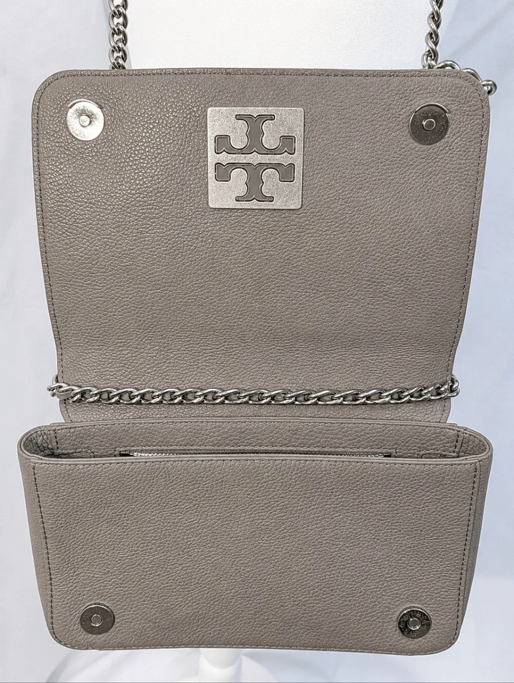 Tory Burch Taupe Pebbled Leather Flap Crossbody Shoulder Bag Silver Chain